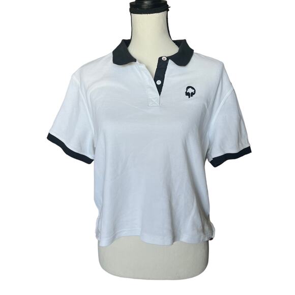 REI + Outdoor Afro Medium Women's Cropped White Polo Shirt With Black Collar - Picture 2 of 7